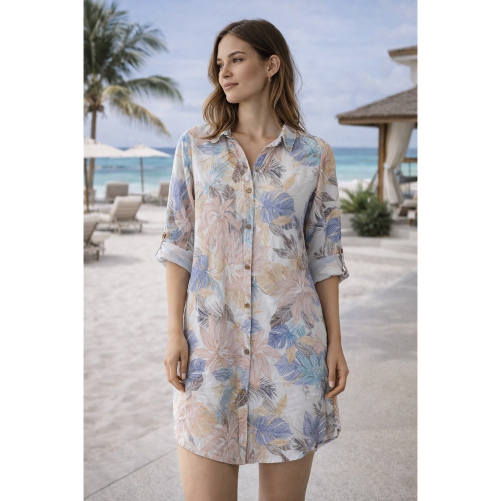 Rosemarine Linen Floral Shirt Dress‎ Button Front Roll Tab Italy Size M